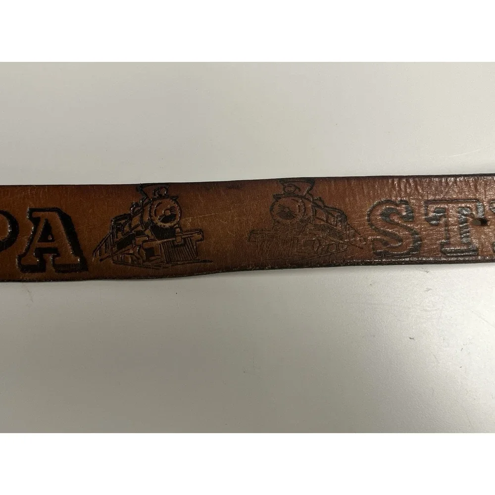 Vintage Tooled Leather Strasburg Pa Train Belt 36 - 42 Buckle USA‎